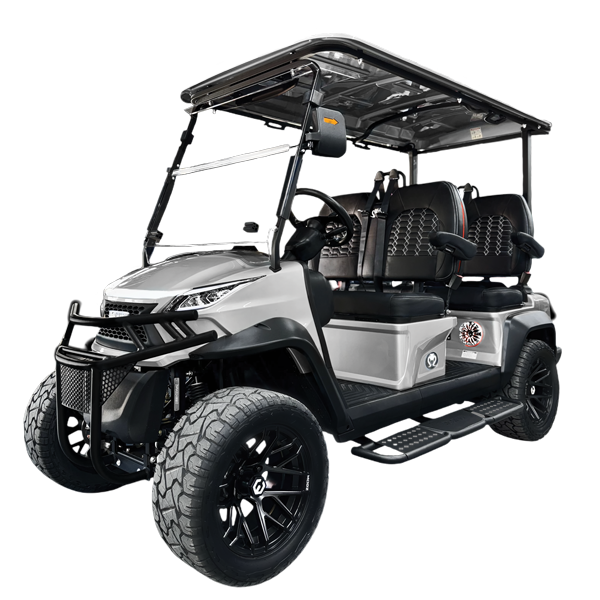 Venom EV Stealth 4-seater forward facing golf cart in silver with black seats