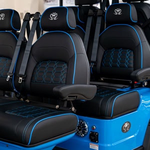 Colour matched luxury golf cart seat with blue stitching