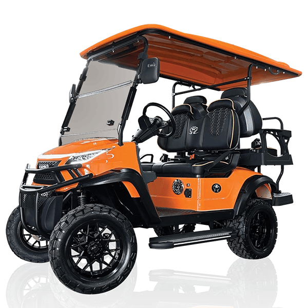 Venom EV Strike 4-seater electric golf cart in orange